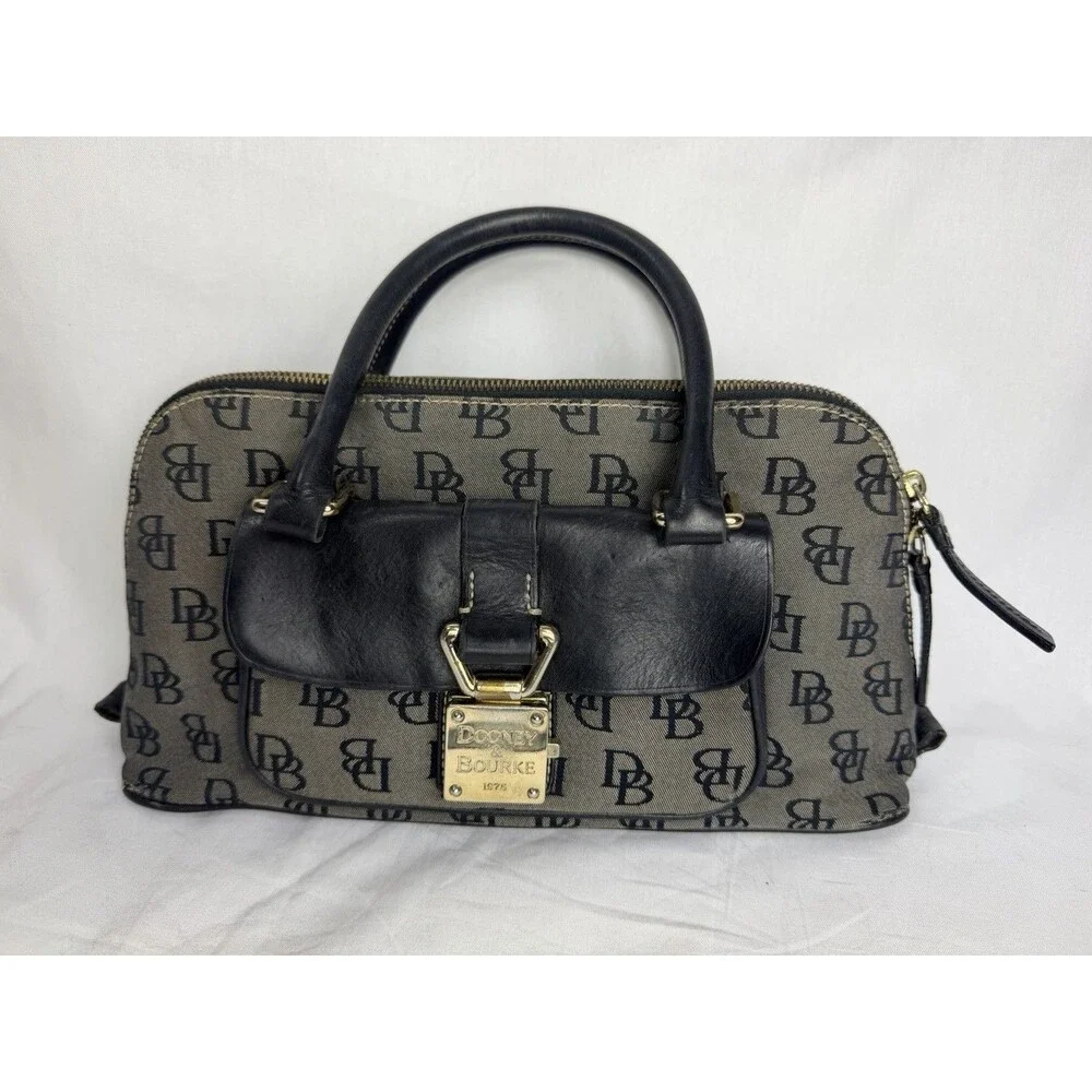 Vintage Dooney & Bourke Mini Bag Black & Gray Monogram DB Black Leather - Picture 1 of 16